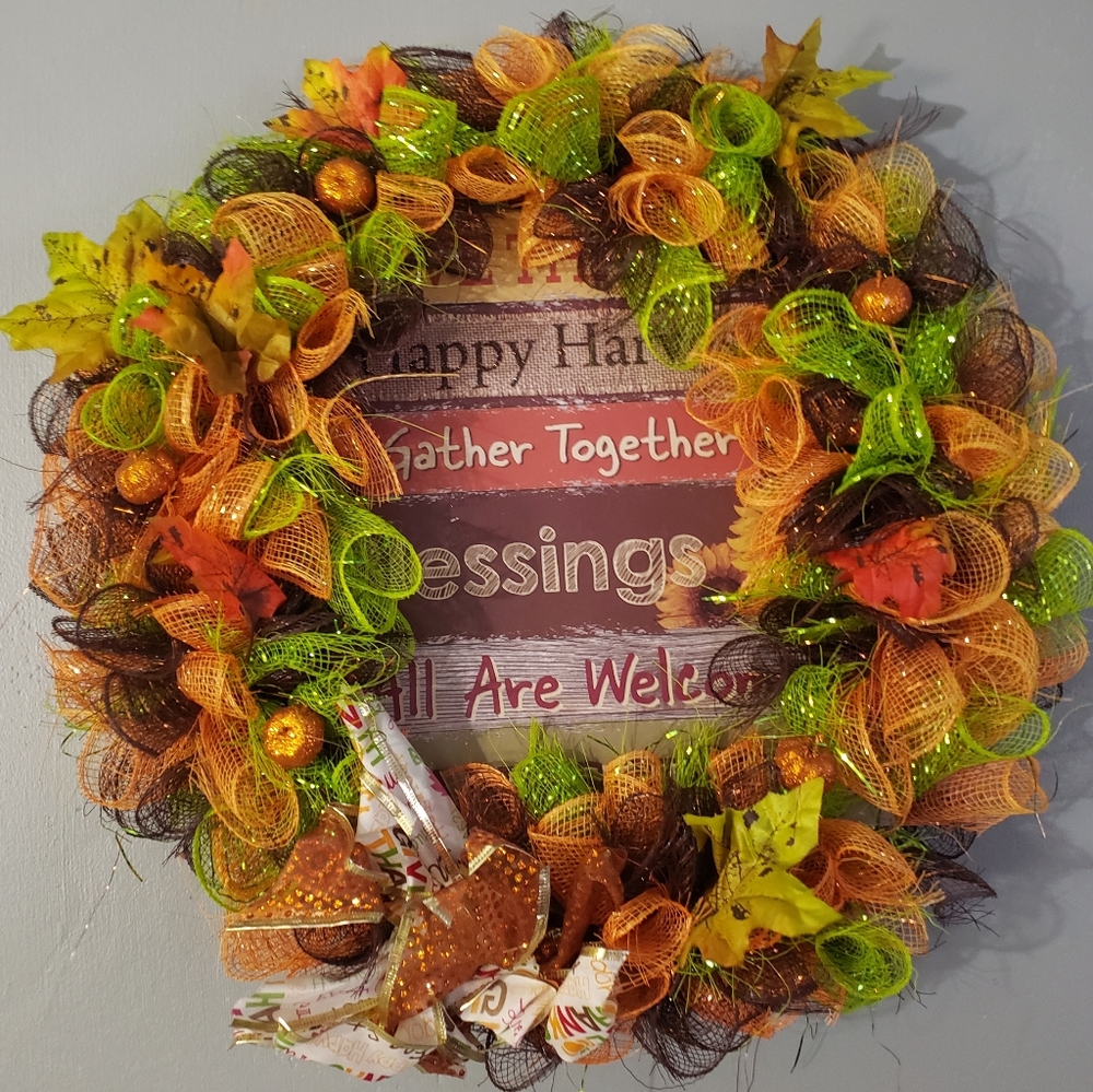 Bright Orange & Green Autumn Mesh Wreath — Thanksgiving